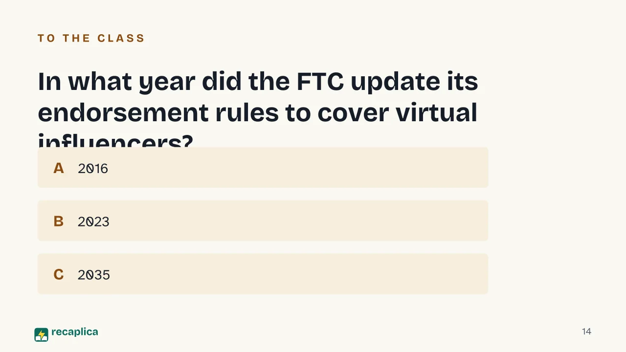 Slide 14 of the presentation on Virtual influencers: In what year did the FTC update its endorsement rules to cover virtual influencers?