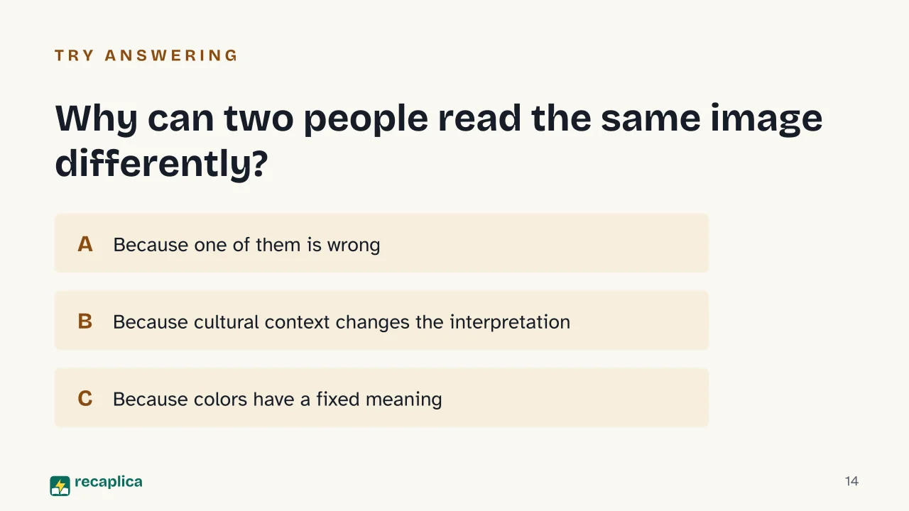 Slide 14 of the presentation on Visual Communication: Why can two people read the same image differently?