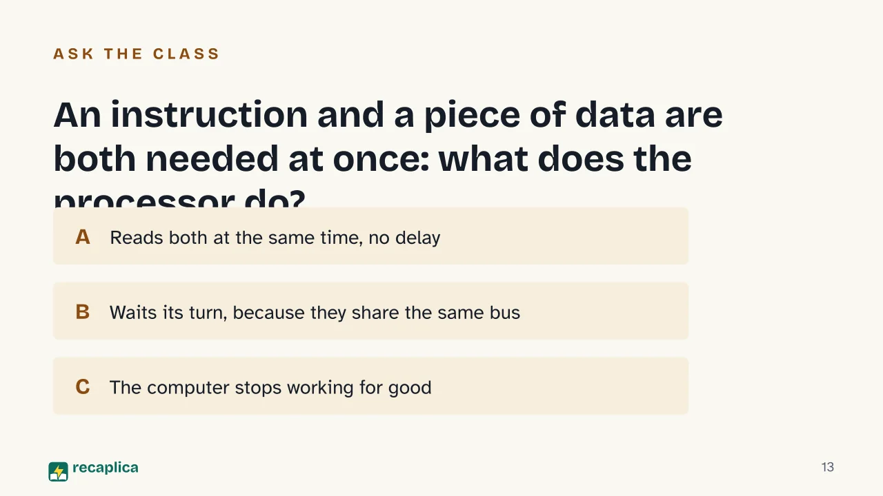 Slide 13 of the presentation on Von Neumann Architecture: An instruction and a piece of data are both needed at once: what does the processor do?