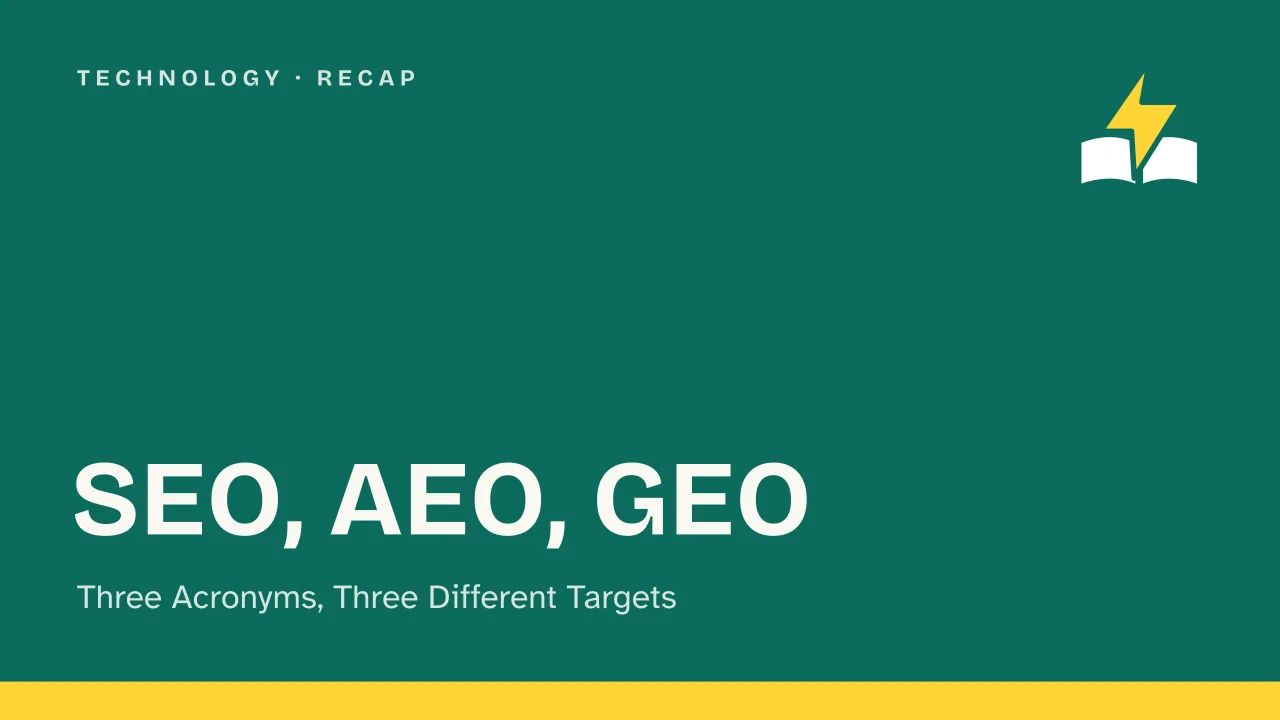 Slide 1 of the presentation on SEO, AEO and GEO: SEO, AEO, GEO