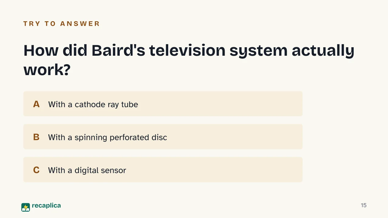 Slide 15 of the presentation on Who Invented Television? The Baird-Farnsworth Timeline: How did Baird's television system actually work?
