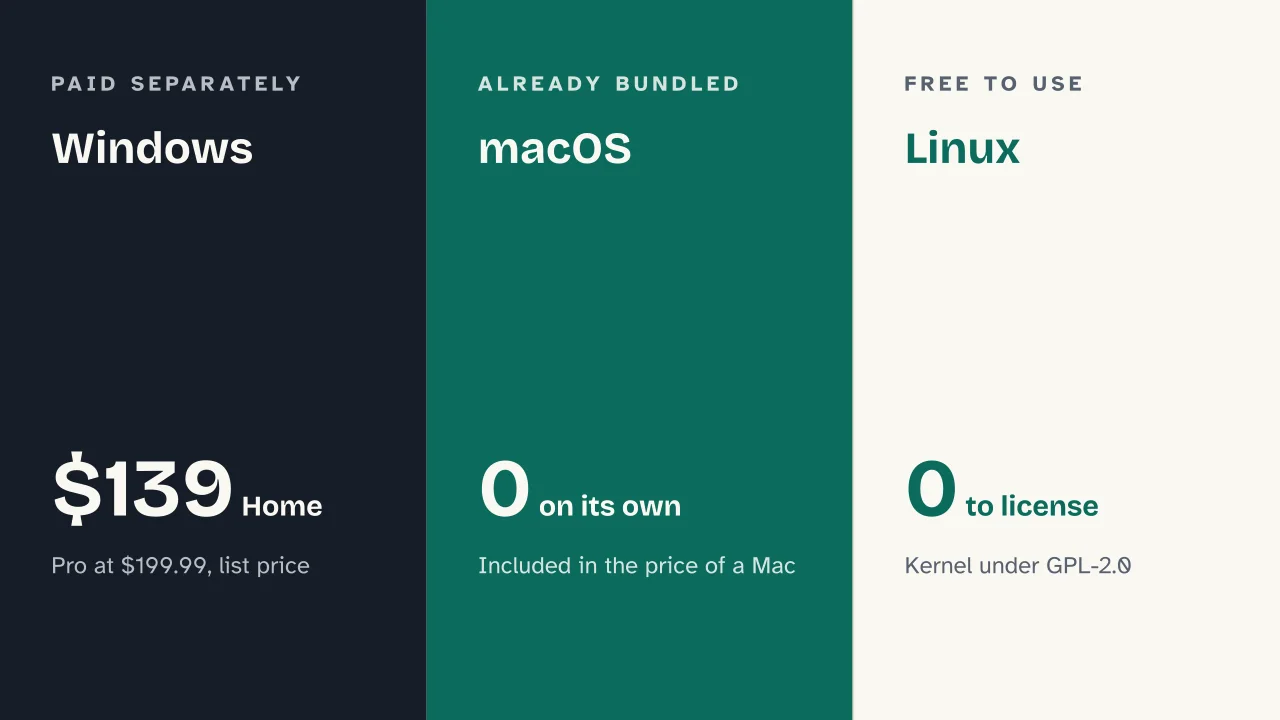 Slide 5 of the presentation on Windows vs macOS vs Linux: Windows · macOS · Linux