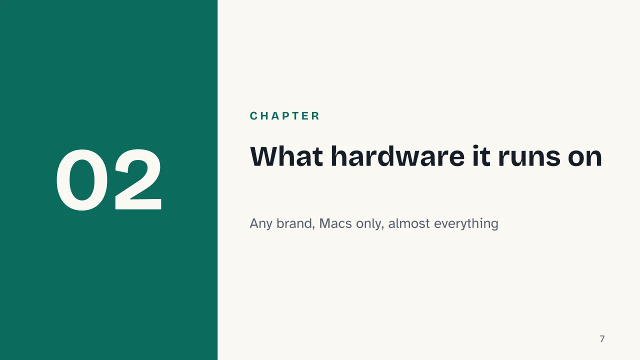 Slide 7 of the presentation on Windows vs macOS vs Linux: Chapter 02: What hardware it runs on