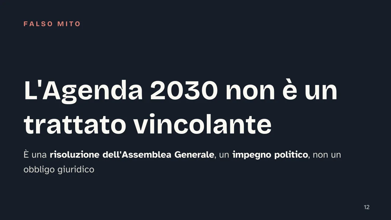 Slide 12 della presentazione su Agenda 2030: L'Agenda 2030 non è un trattato vincolante