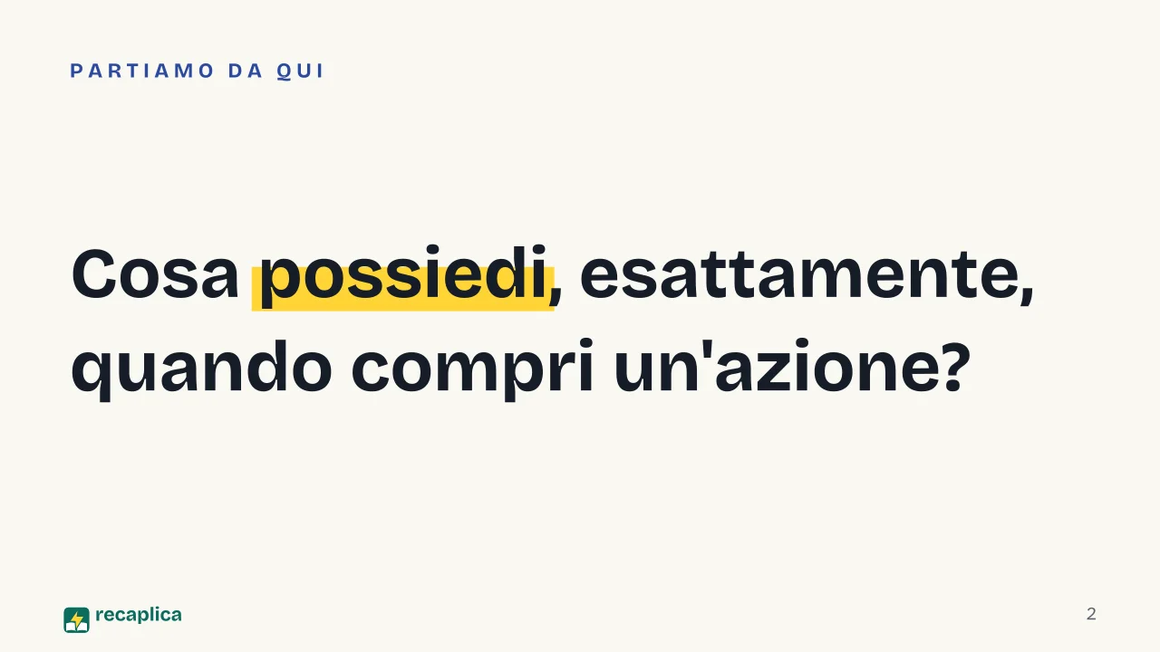 Slide 2 della presentazione su Azioni e Borsa: Cosa possiedi, esattamente, quando compri un'azione?