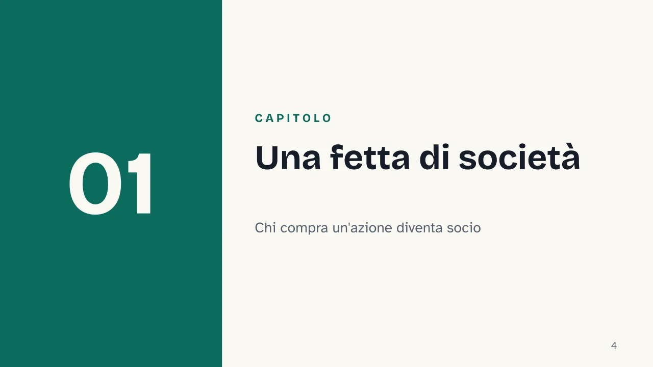 Slide 4 della presentazione su Azioni e Borsa: Capitolo 01: Una fetta di società