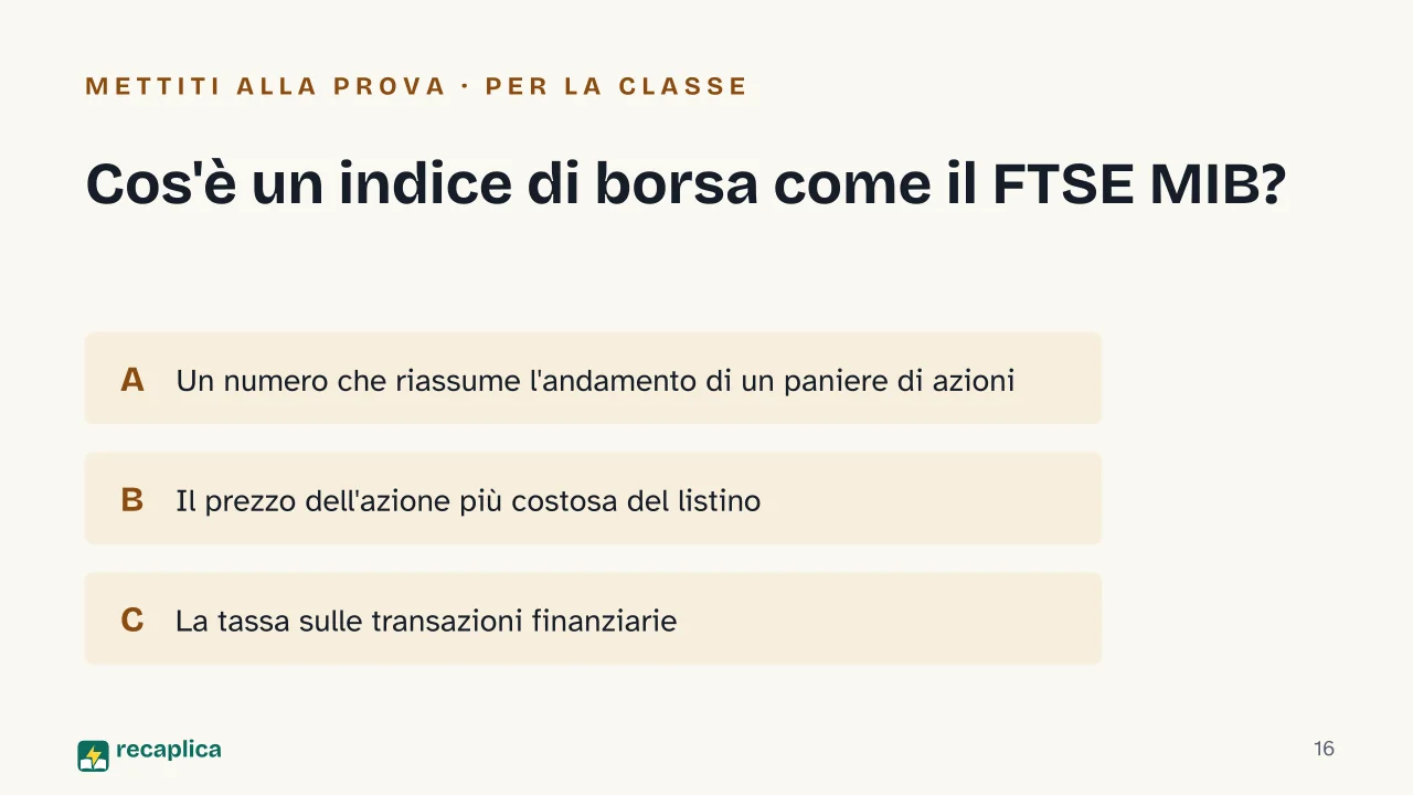 Slide 16 della presentazione su Azioni e Borsa: Cos'è un indice di borsa come il FTSE MIB?