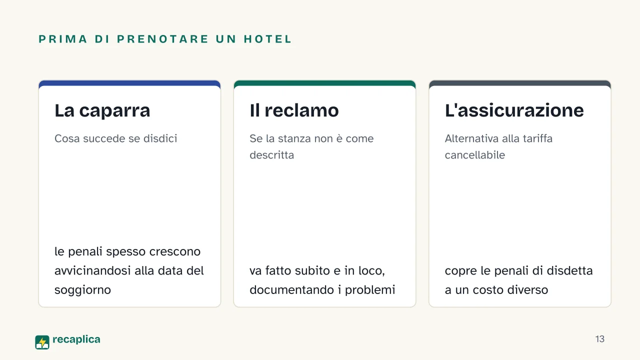 Slide 13 della presentazione su Voli low cost: Prima di prenotare un hotel: La caparra, Il reclamo, L'assicurazione