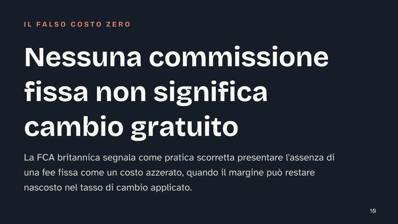 Slide 10 della presentazione su Commissioni cambio valuta, come funzionano quando si paga o si preleva all'estero: Nessuna commissione fissa non significa cambio gratuito