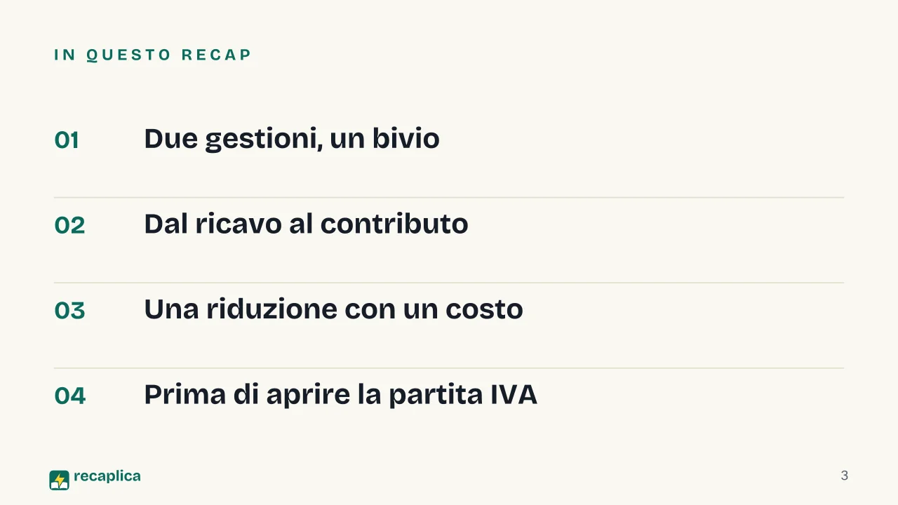 Slide 3 della presentazione su Contributi INPS regime forfettario, come funzionano e quanto si versa: In questo Recap