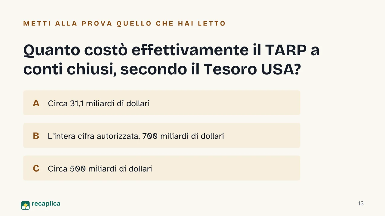 Slide 13 della presentazione su Crisi finanziaria del 2008: Quanto costò effettivamente il TARP a conti chiusi, secondo il Tesoro USA?