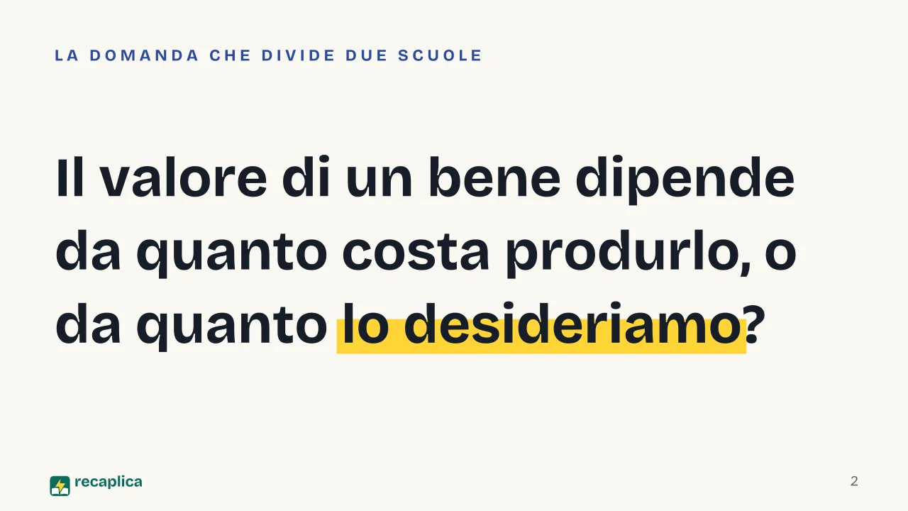 Slide 2 della presentazione su Economia neoclassica: Il valore di un bene dipende da quanto costa produrlo, o da quanto lo desideriamo?