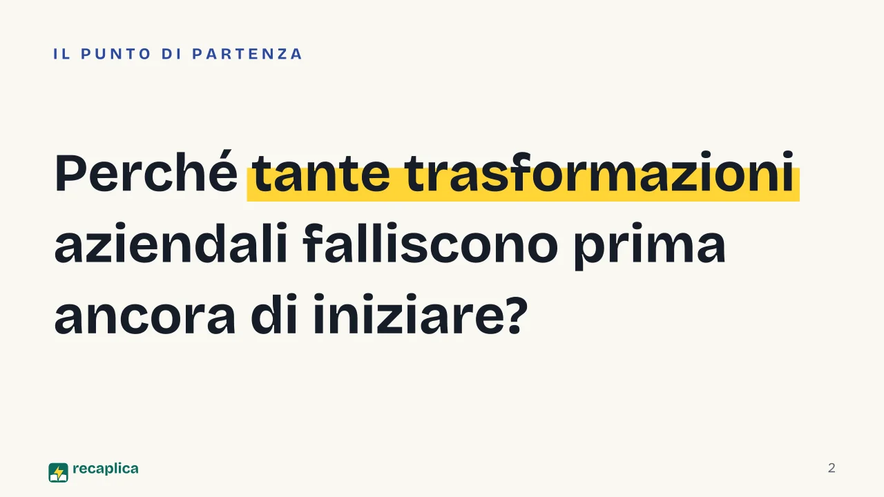 Slide 2 della presentazione su Gestione del cambiamento: Perché tante trasformazioni aziendali falliscono prima ancora di iniziare?