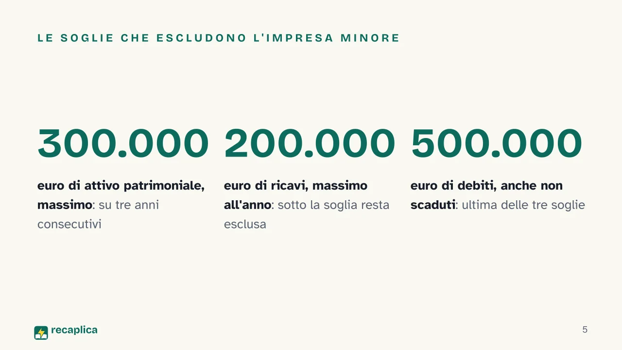 Slide 5 della presentazione su Liquidazione giudiziale: Le soglie che escludono l'impresa minore