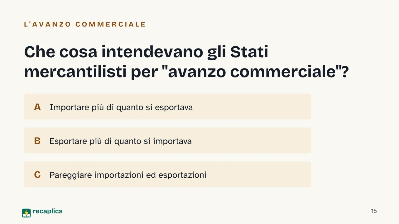 Slide 15 della presentazione su Mercantilismo: Che cosa intendevano gli Stati mercantilisti per "avanzo commerciale"?