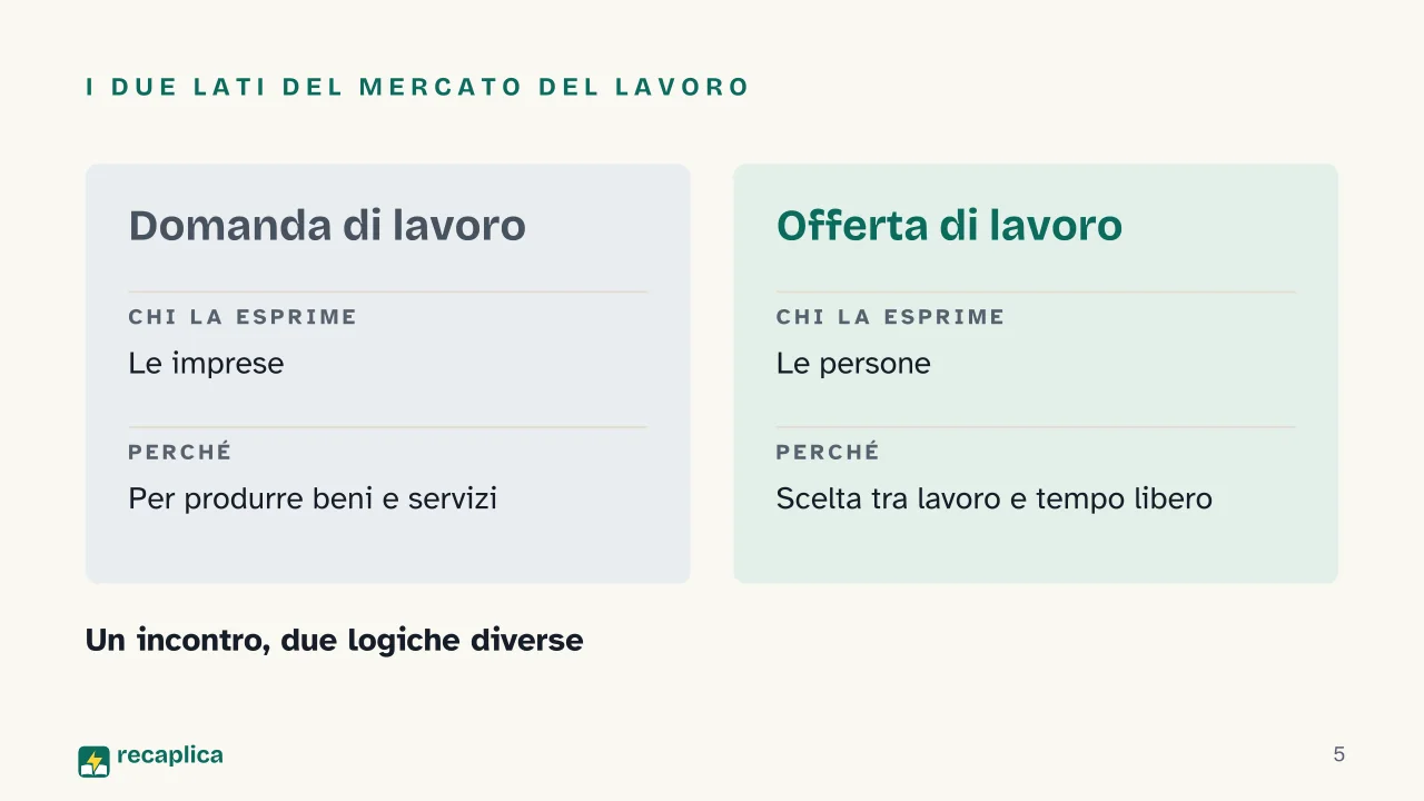 Slide 5 della presentazione su Mercato del lavoro: I due lati del mercato del lavoro