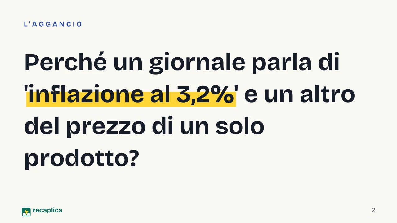 Slide 2 della presentazione su Microeconomia e macroeconomia: Perché un giornale parla di 'inflazione al 3,2%' e un altro del prezzo di un solo prodotto?