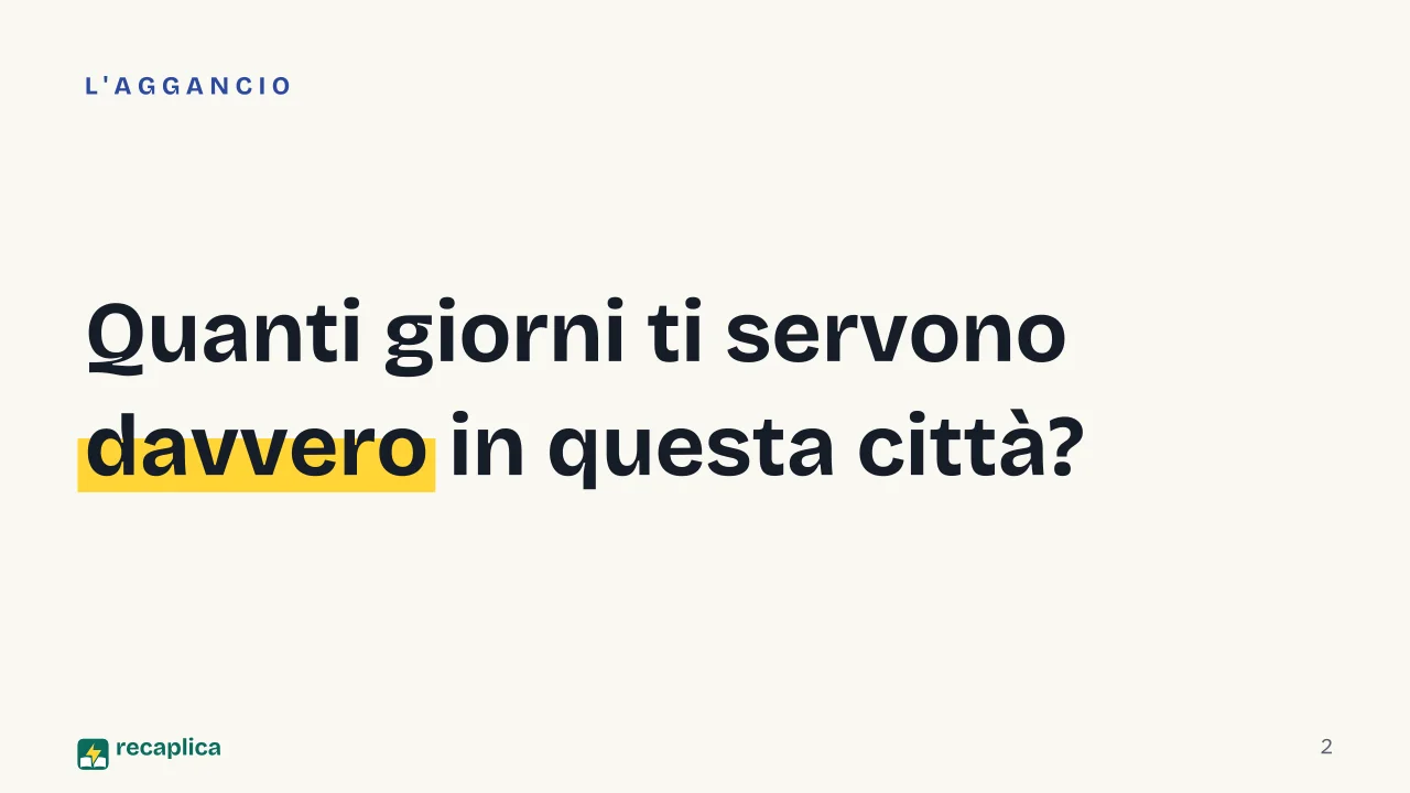 Slide 2 della presentazione su Quanti giorni servono per visitare una città, il metodo per deciderlo: Quanti giorni ti servono davvero in questa città?