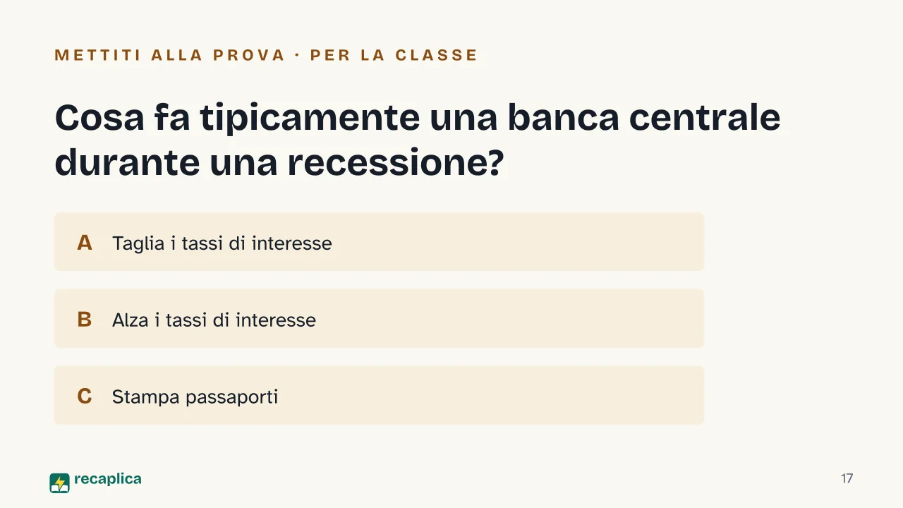 Slide 17 della presentazione su La recessione: Cosa fa tipicamente una banca centrale durante una recessione?