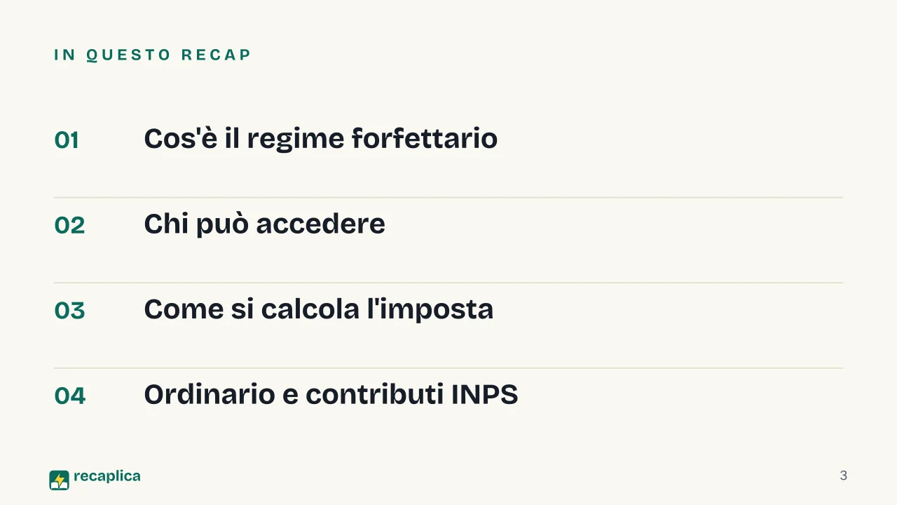 Slide 3 della presentazione su Regime forfettario: In questo Recap