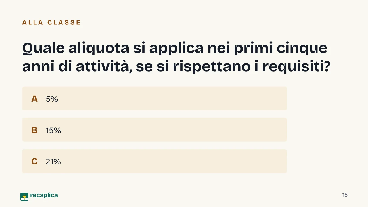 Slide 15 della presentazione su Regime forfettario: Quale aliquota si applica nei primi cinque anni di attività, se si rispettano i requisiti?