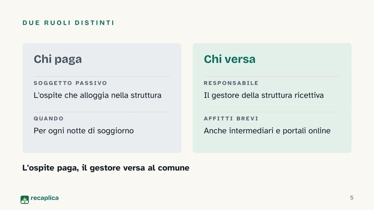 Slide 5 della presentazione su Tassa di soggiorno, cos'è, chi paga e quanto costa: Due ruoli distinti