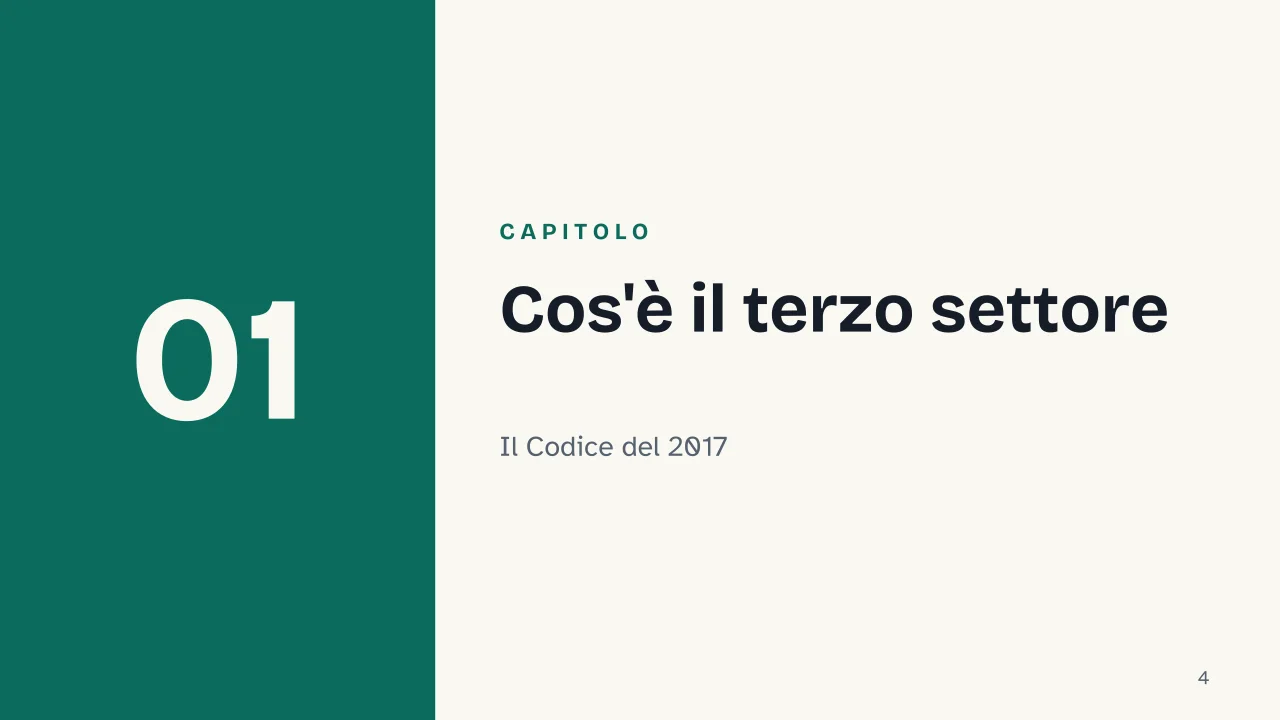 Slide 4 della presentazione su Terzo settore: Capitolo 01: Cos'è il terzo settore
