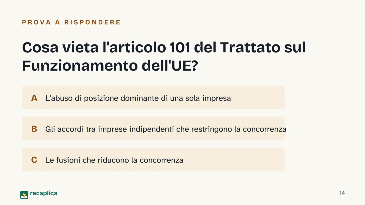 Slide 14 della presentazione su Antitrust: Cosa vieta l'articolo 101 del Trattato sul Funzionamento dell'UE?