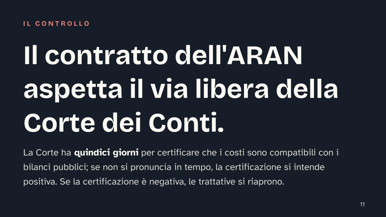 Slide 11 della presentazione su ARAN, l'agenzia dei contratti dei dipendenti pubblici: Il contratto dell'ARAN aspetta il via libera della Corte dei Conti.