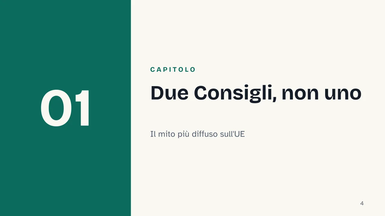 Slide 4 della presentazione su Unione Europea: Capitolo 01: Due Consigli, non uno