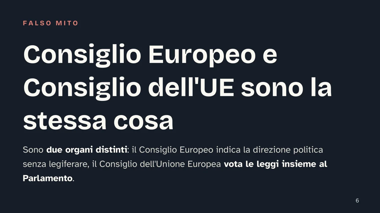Slide 6 della presentazione su Unione Europea: Consiglio Europeo e Consiglio dell'UE sono la stessa cosa