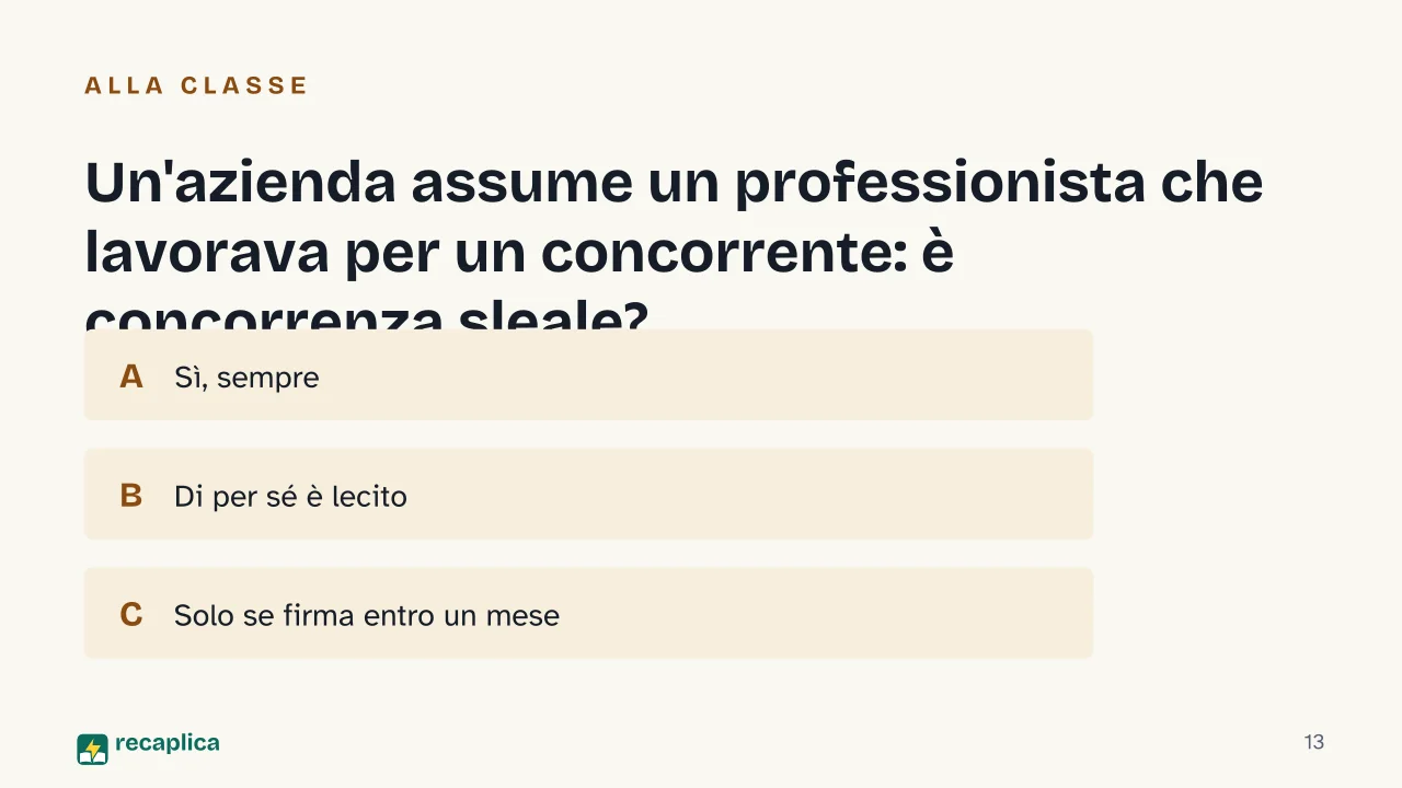 Slide 13 della presentazione su Concorrenza sleale: Un'azienda assume un professionista che lavorava per un concorrente: è concorrenza sleale?