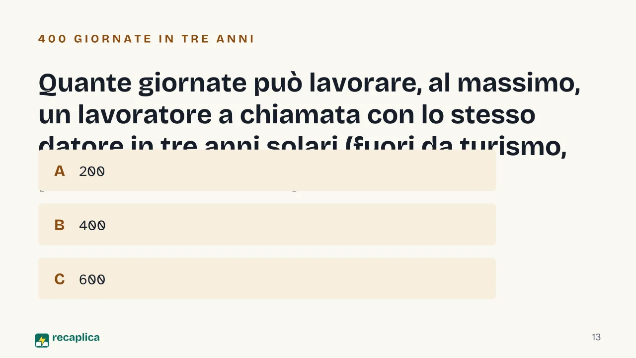 Slide 13 della presentazione su Contratto a chiamata: Quante giornate può lavorare, al massimo, un lavoratore a chiamata con lo stesso datore in tre anni solari (fuori da turismo, pubblici esercizi e spettacolo)?