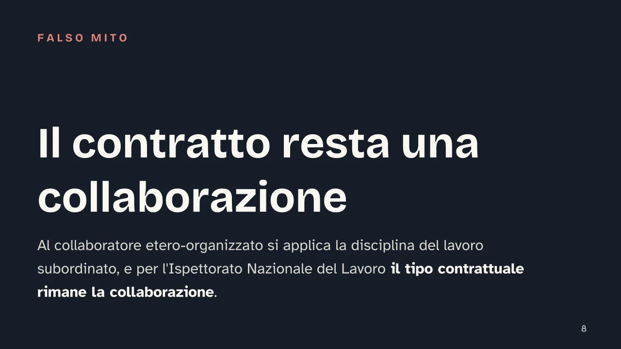 Slide 8 della presentazione su Co.co.co: Il contratto resta una collaborazione