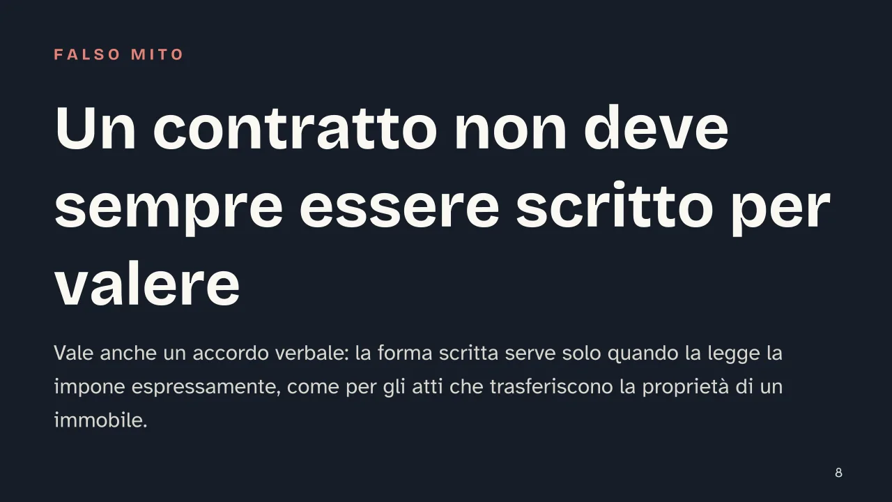 Slide 8 della presentazione su Contratto: Un contratto non deve sempre essere scritto per valere