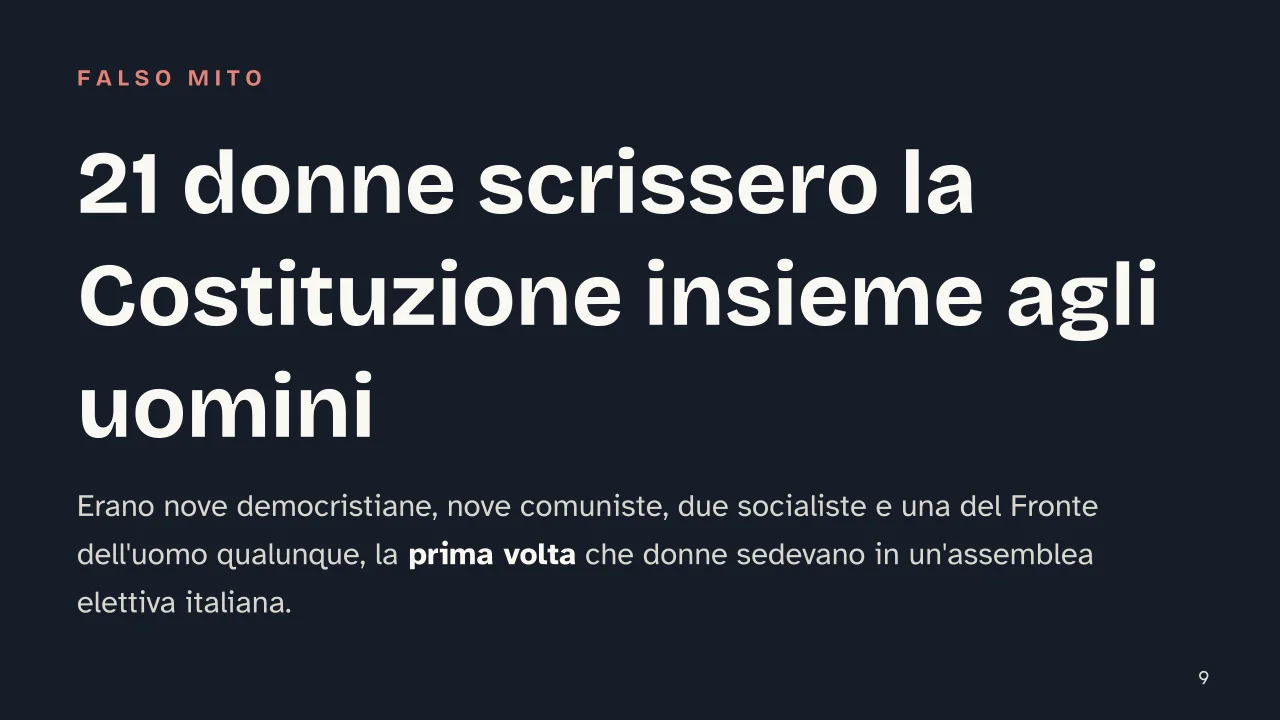 Slide 9 della presentazione su Costituzione italiana: 21 donne scrissero la Costituzione insieme agli uomini