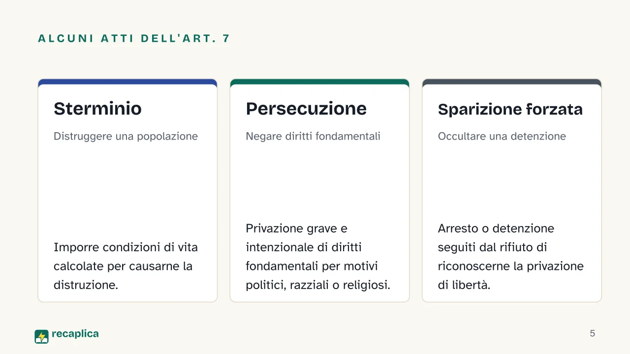 Slide 5 della presentazione su Crimini contro l'umanità: Alcuni atti dell'art. 7: Sterminio, Persecuzione, Sparizione forzata