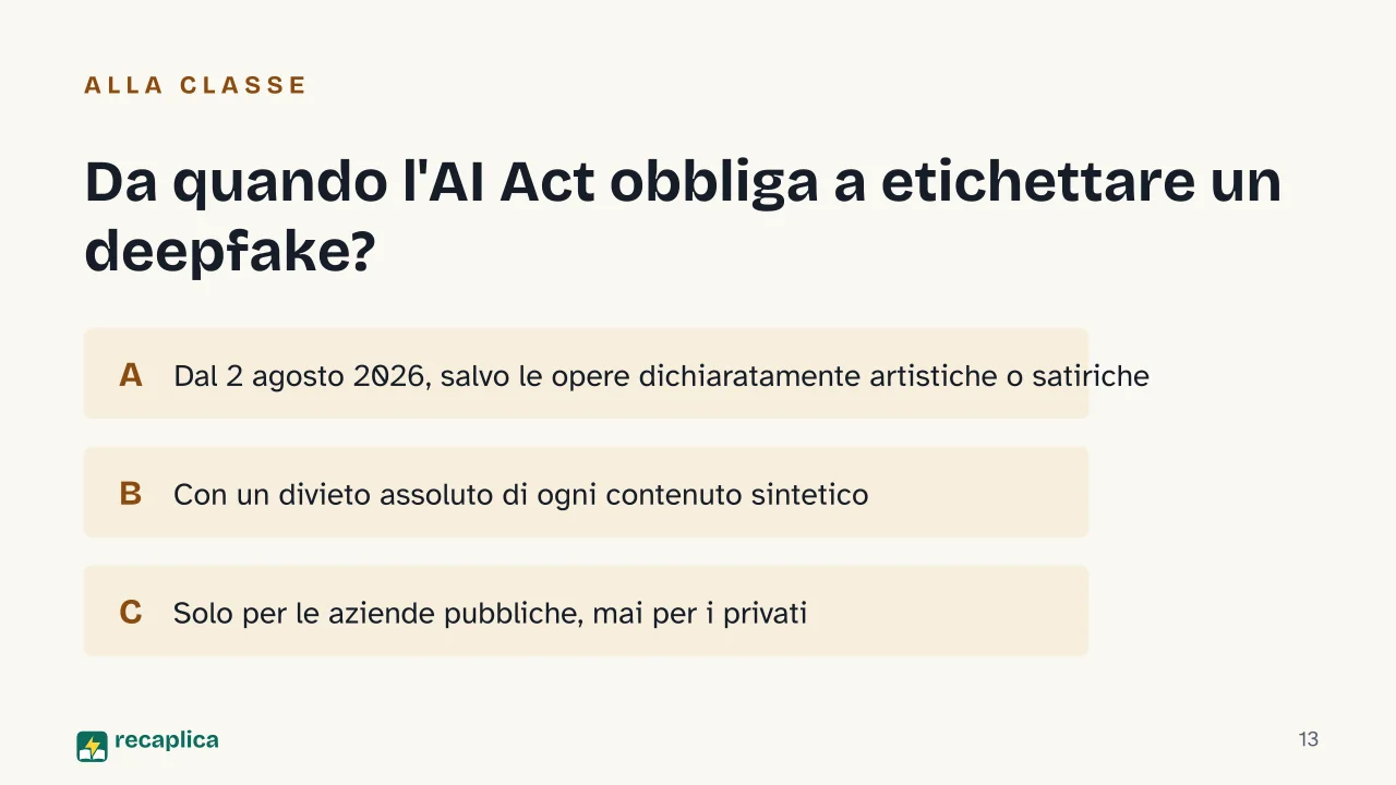 Slide 13 della presentazione su Deepfake: Da quando l'AI Act obbliga a etichettare un deepfake?