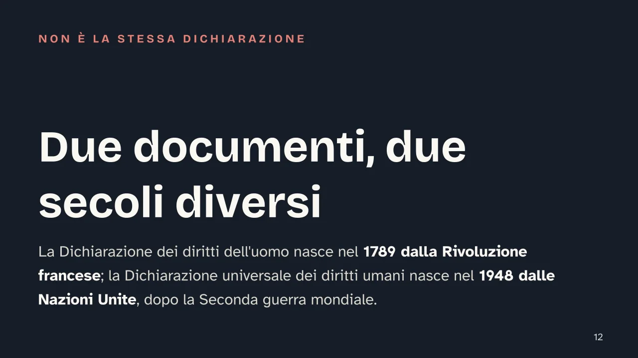 Slide 12 della presentazione su Dichiarazione universale dei diritti umani: Due documenti, due secoli diversi