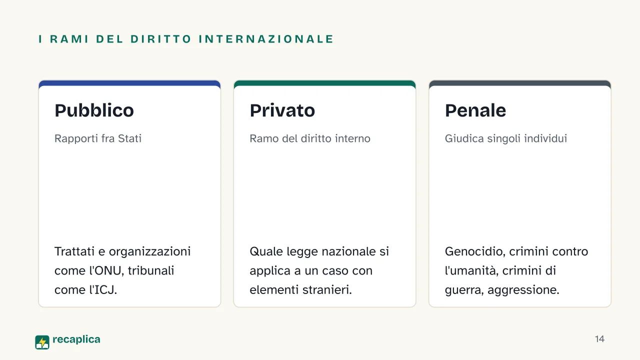 Slide 14 della presentazione su Diritto internazionale: I rami del diritto internazionale: Pubblico, Privato, Penale