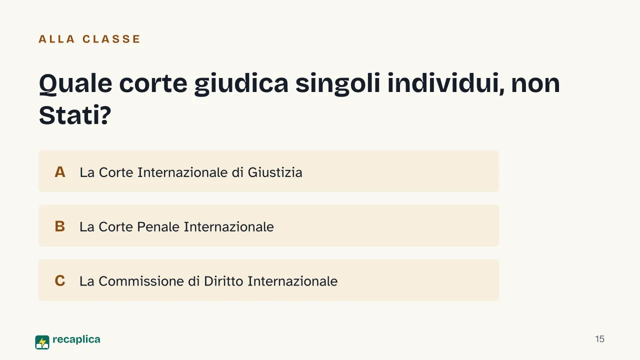 Slide 15 della presentazione su Diritto internazionale: Quale corte giudica singoli individui, non Stati?