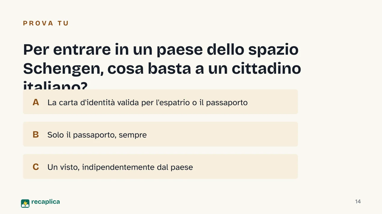 Slide 14 della presentazione su Quali documenti servono per entrare in un paese straniero: Per entrare in un paese dello spazio Schengen, cosa basta a un cittadino italiano?