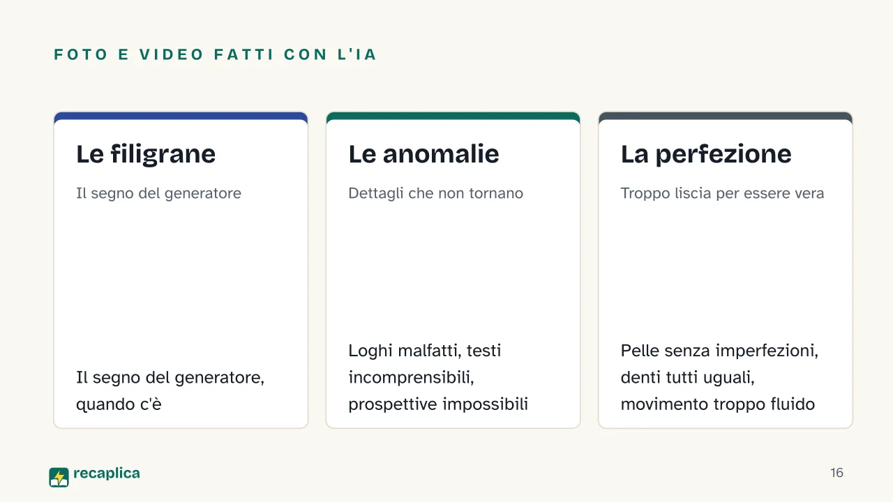 Slide 16 della presentazione su Fake news: Foto e video fatti con l'IA: Le filigrane, Le anomalie, La perfezione