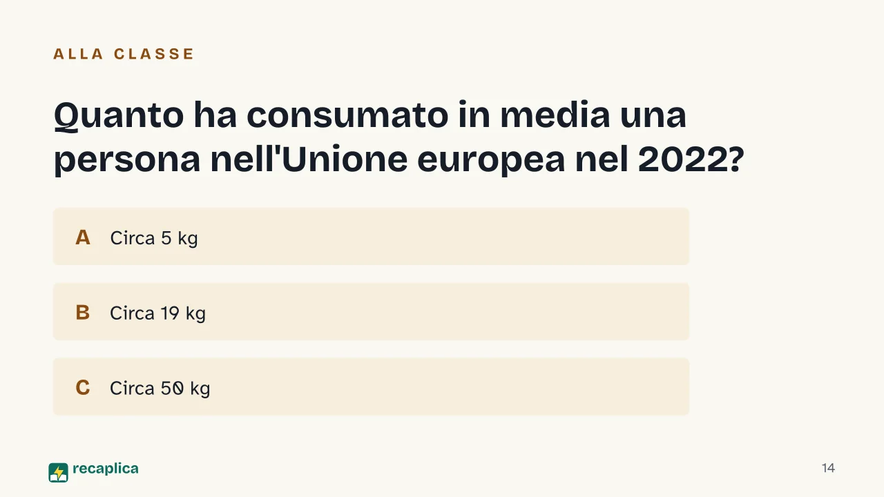 Slide 14 della presentazione su Fast fashion: Quanto ha consumato in media una persona nell'Unione europea nel 2022?