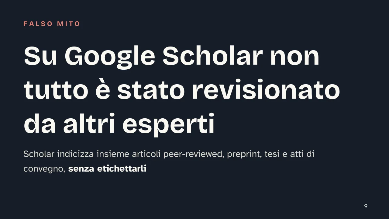 Slide 9 della presentazione su Fonti attendibili per una ricerca scolastica: Su Google Scholar non tutto è stato revisionato da altri esperti