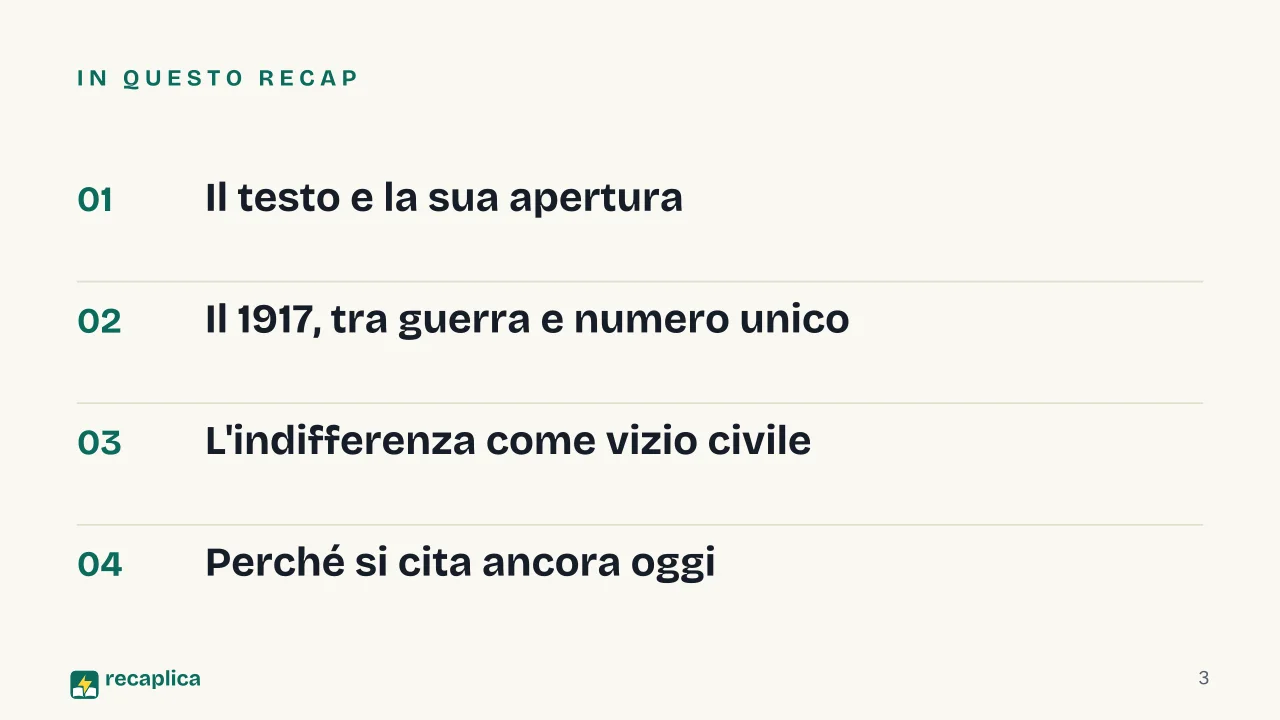 Slide 3 della presentazione su «Odio gli indifferenti» di Antonio Gramsci: In questo Recap