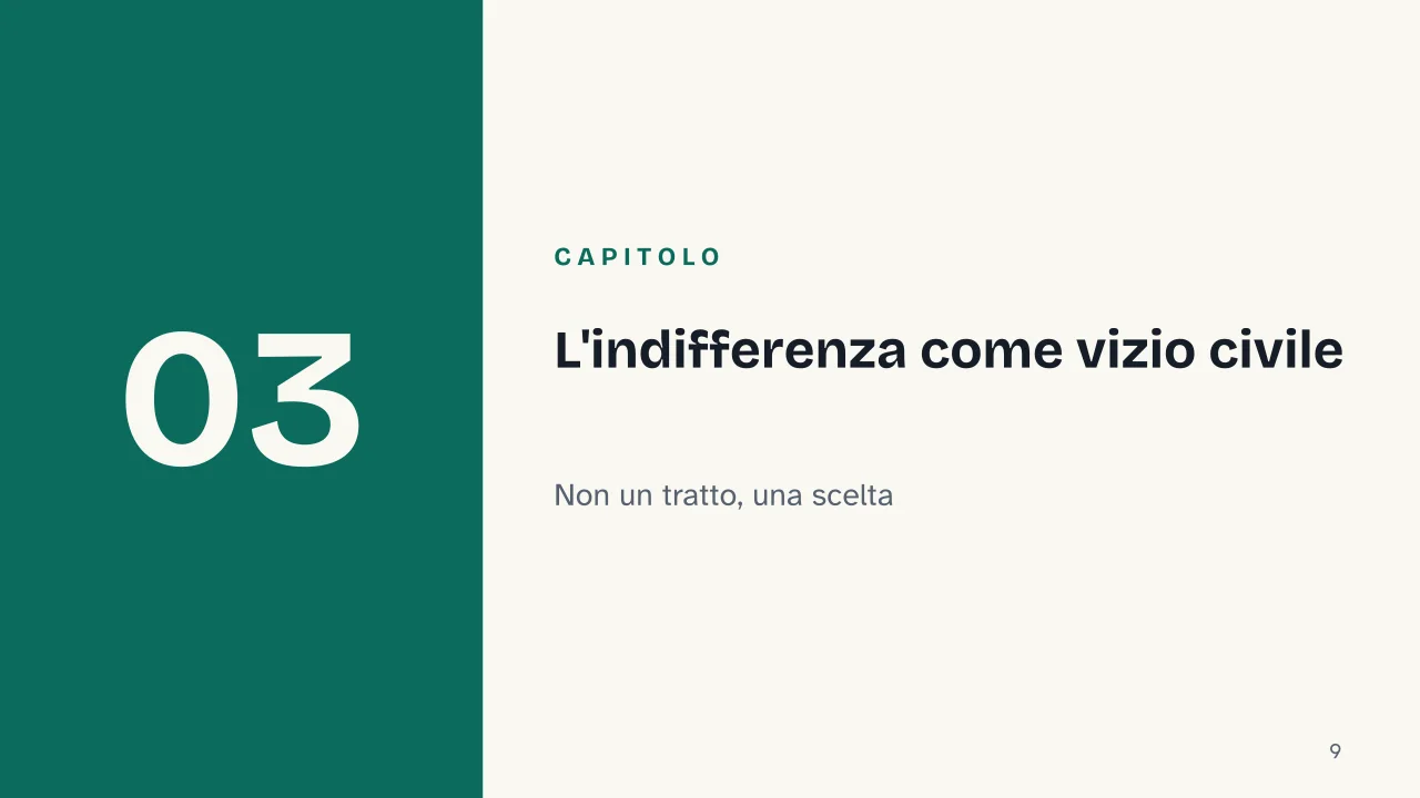 Slide 9 della presentazione su «Odio gli indifferenti» di Antonio Gramsci: Capitolo 03: L'indifferenza come vizio civile
