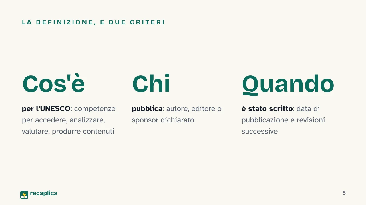 Slide 5 della presentazione su Media literacy: La definizione, e due criteri