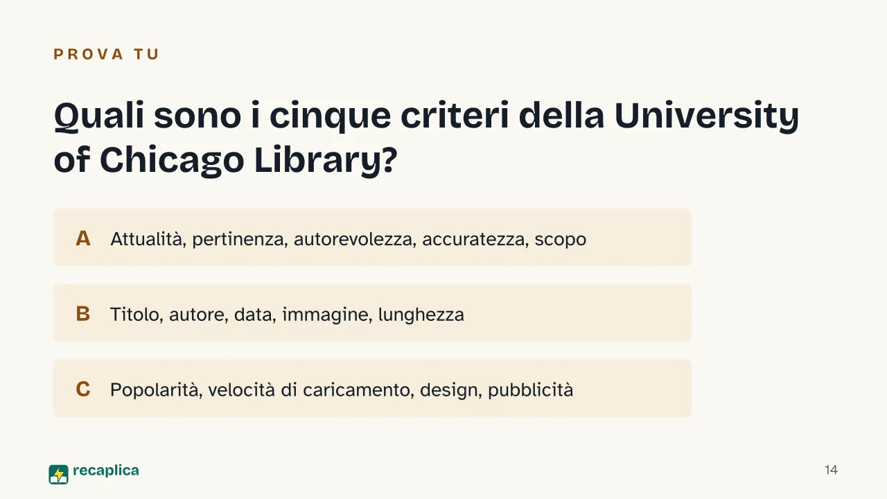 Slide 14 della presentazione su Media literacy: Quali sono i cinque criteri della University of Chicago Library?
