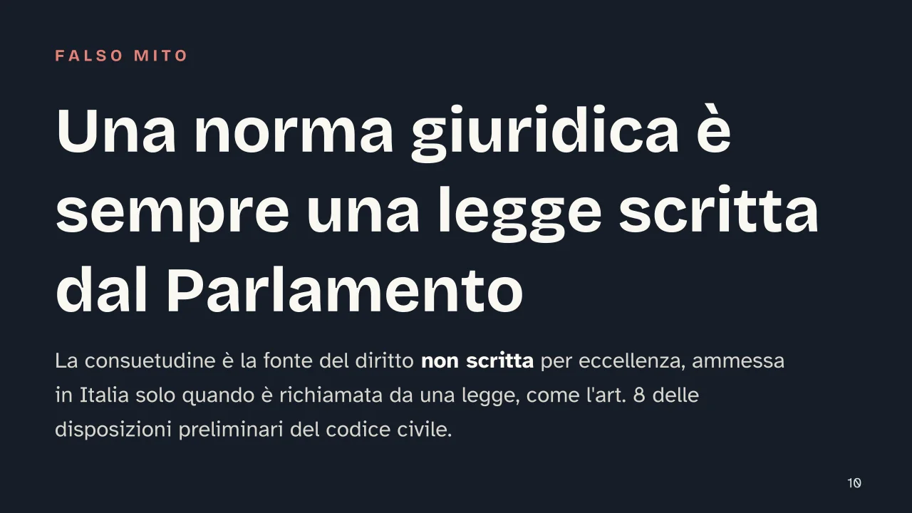 Slide 10 della presentazione su Norma giuridica: Una norma giuridica è sempre una legge scritta dal Parlamento